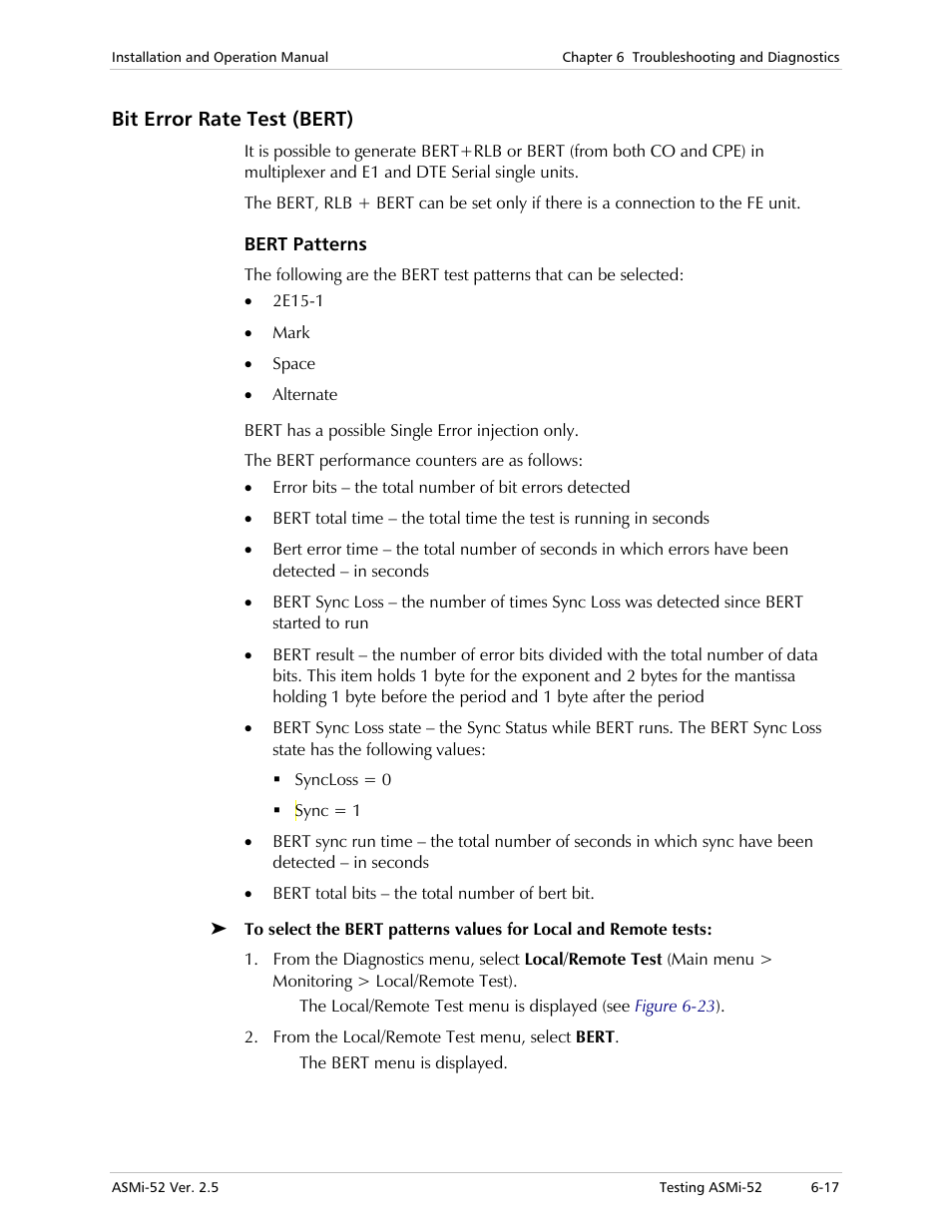 Bit error rate test (bert), Bert patterns | RAD Data comm ASMi-52 User Manual | Page 121 / 186