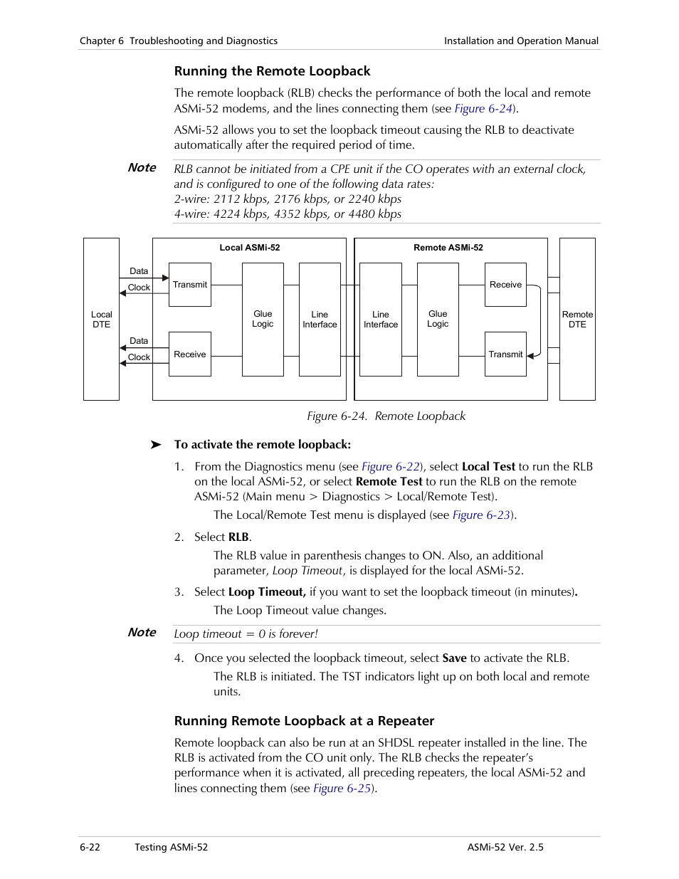 Running the remote loopback, Running remote loopback at a repeater | RAD Data comm ASMi-52 User Manual | Page 126 / 186