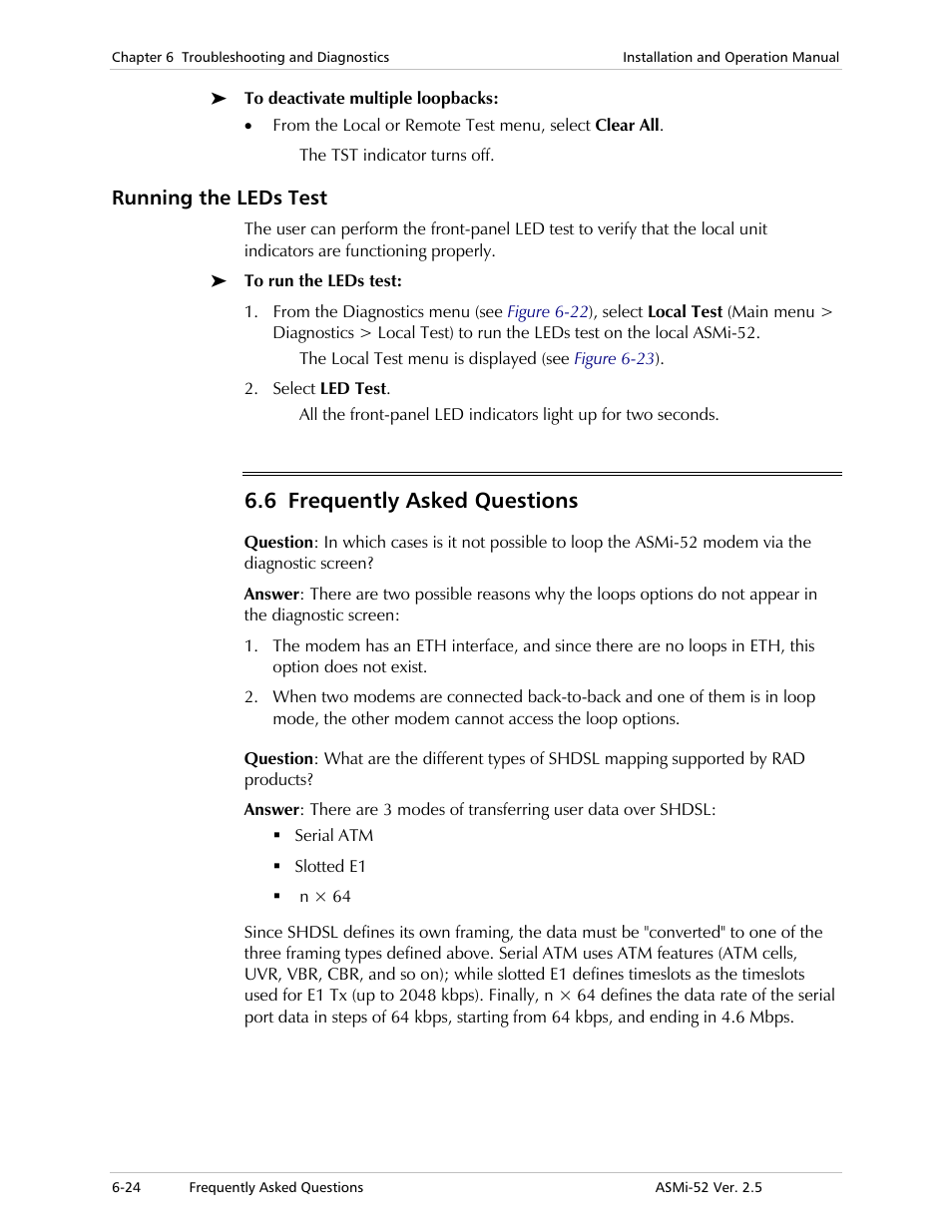Running the leds test, Frequently asked questions, 6 frequently asked questions | RAD Data comm ASMi-52 User Manual | Page 128 / 186