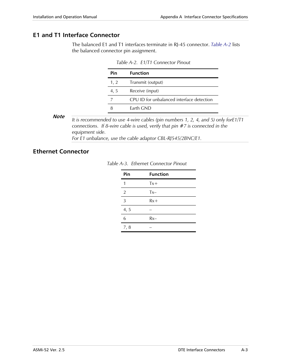 E1 and t1 interface connector, Ethernet connector | RAD Data comm ASMi-52 User Manual | Page 133 / 186