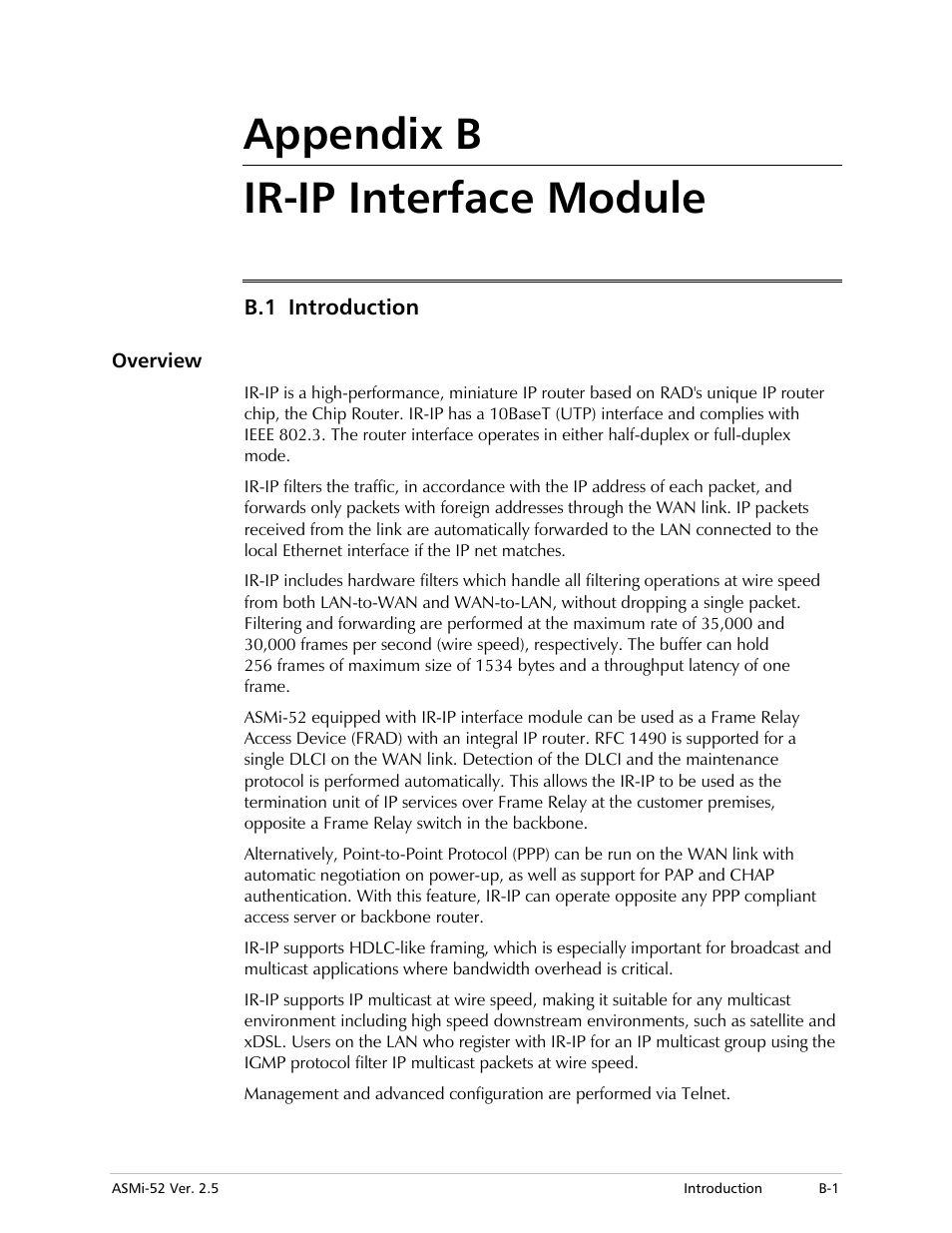 Appendix b ir-ip interface module, Introduction, Overview | RAD Data comm ASMi-52 User Manual | Page 137 / 186