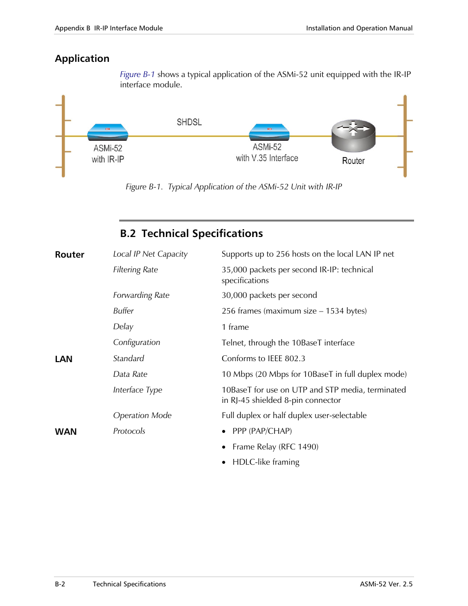 Application, Technical specifications, B.2 technical specifications | RAD Data comm ASMi-52 User Manual | Page 138 / 186