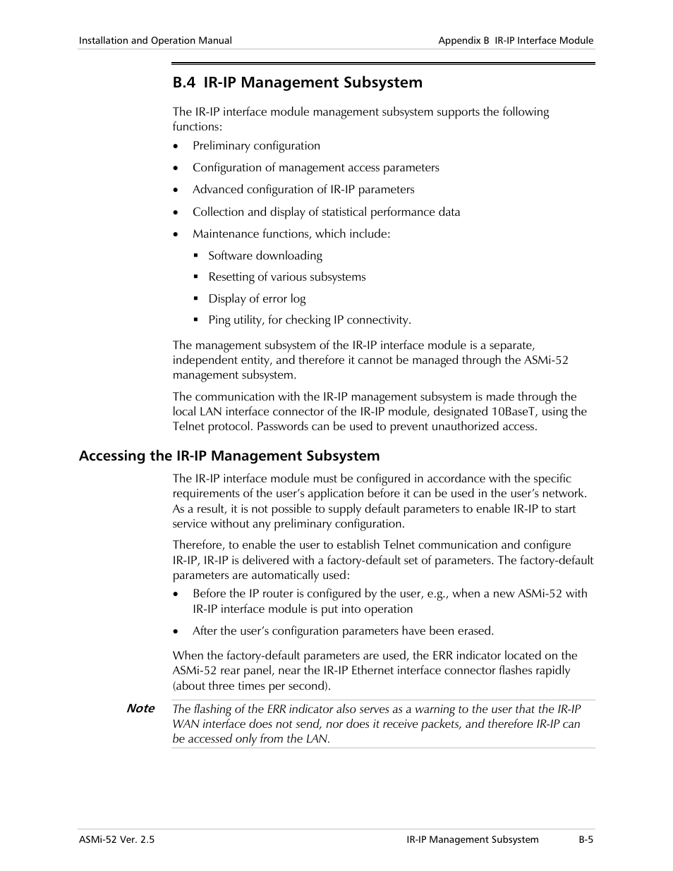 Ir-ip management subsystem, Accessing the ir-ip management subsystem, B.4 ir-ip management subsystem | RAD Data comm ASMi-52 User Manual | Page 141 / 186