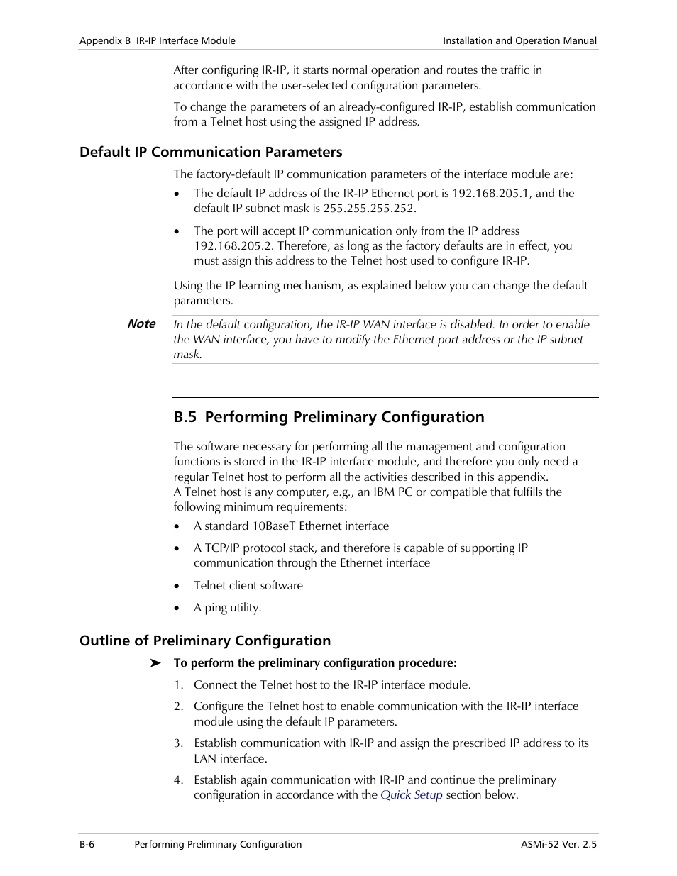 Default ip communication parameters, Performing preliminary configuration, Outline of preliminary configuration | B.5 performing preliminary configuration | RAD Data comm ASMi-52 User Manual | Page 142 / 186