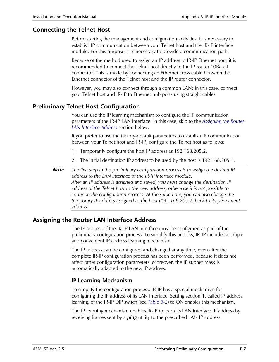 Connecting the telnet host, Preliminary telnet host configuration, Assigning the router lan interface address | Ip learning mechanism | RAD Data comm ASMi-52 User Manual | Page 143 / 186