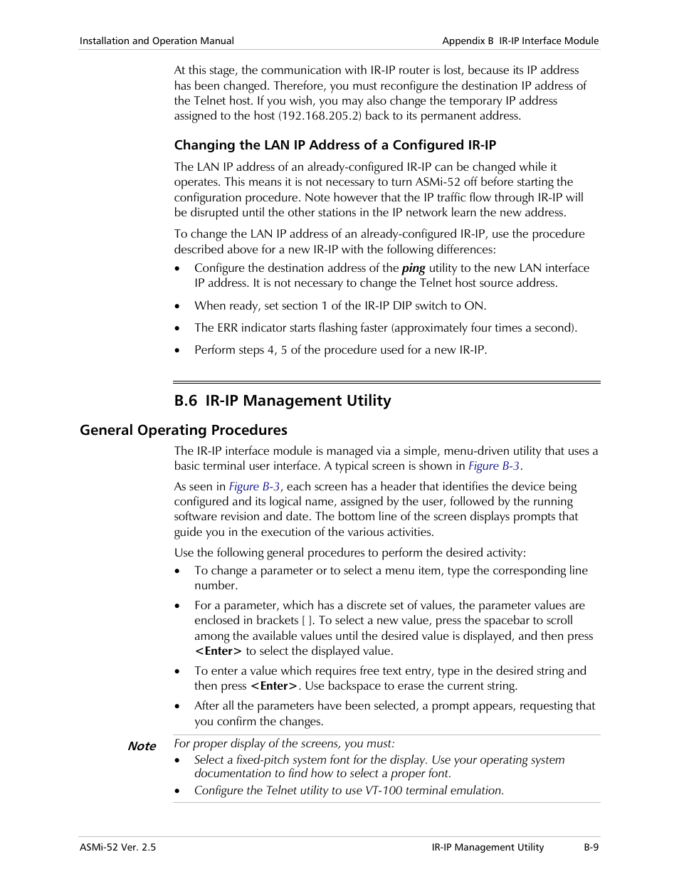Changing the lan ip address of a configured ir-ip, Ir-ip management utility, General operating procedures | B.6 ir-ip management utility | RAD Data comm ASMi-52 User Manual | Page 145 / 186