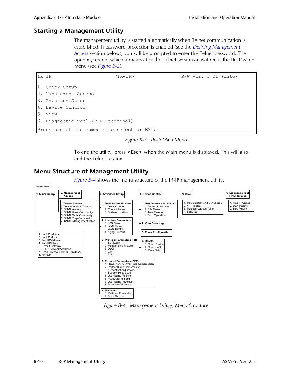 Starting a management utility, Menu structure of management utility, Figure b-4. management utility, menu structure | RAD Data comm ASMi-52 User Manual | Page 146 / 186