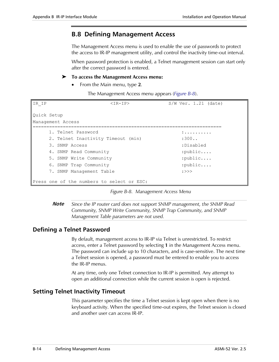 Defining management access, Defining a telnet password, Setting telnet inactivity timeout | B.8 defining management access | RAD Data comm ASMi-52 User Manual | Page 150 / 186