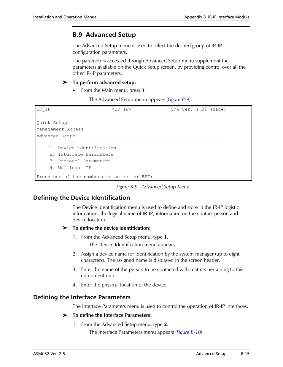 Advanced setup, Defining the device identification, Defining the interface parameters | B.9 advanced setup | RAD Data comm ASMi-52 User Manual | Page 151 / 186