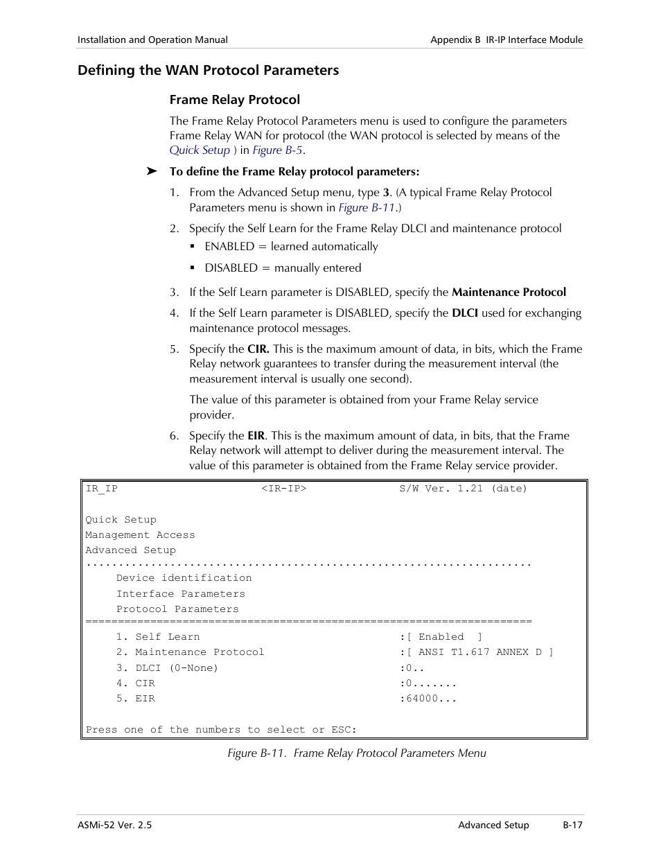 Defining the wan protocol parameters, Frame relay protocol | RAD Data comm ASMi-52 User Manual | Page 153 / 186