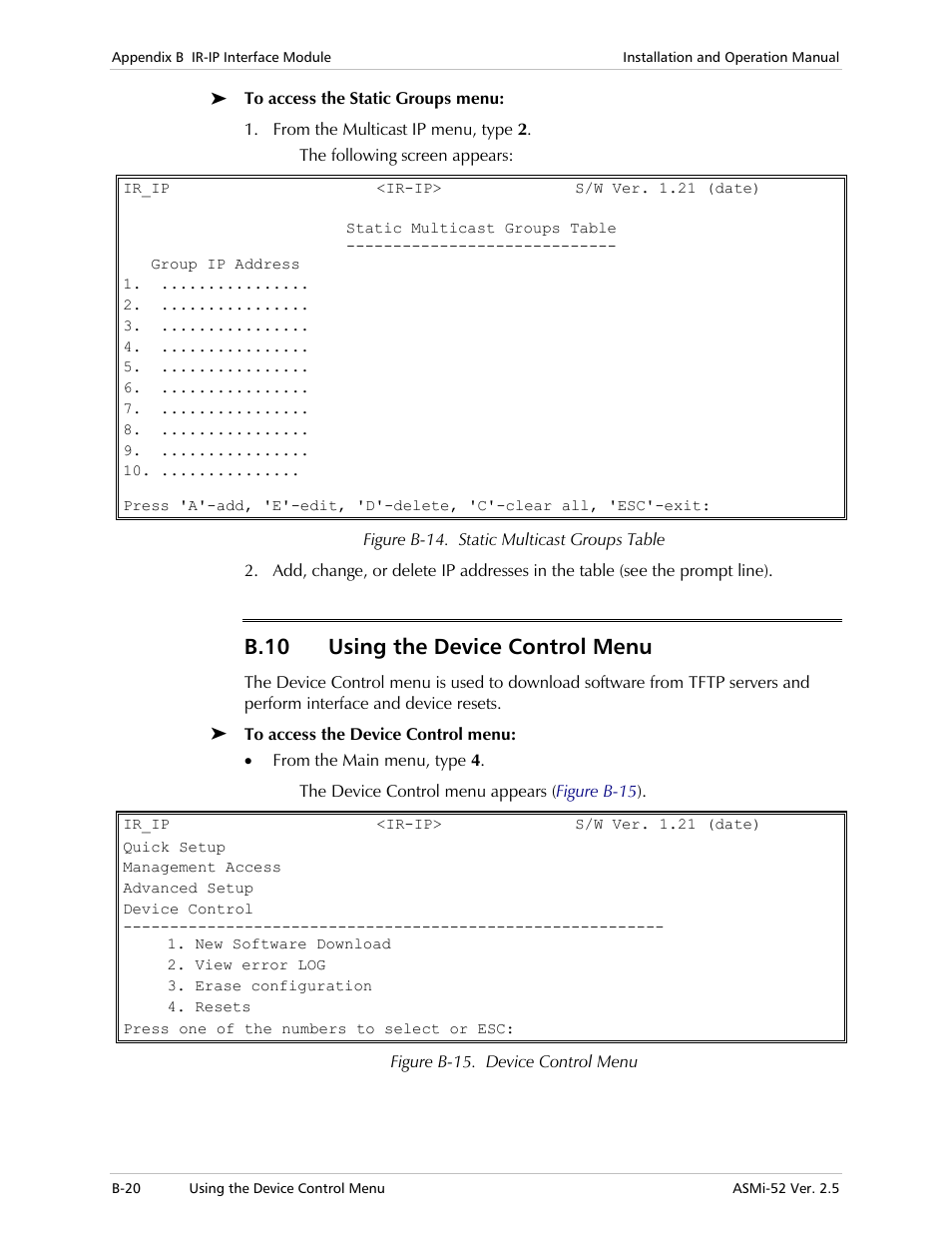 Using the device control menu, B.10 using the device control menu | RAD Data comm ASMi-52 User Manual | Page 156 / 186