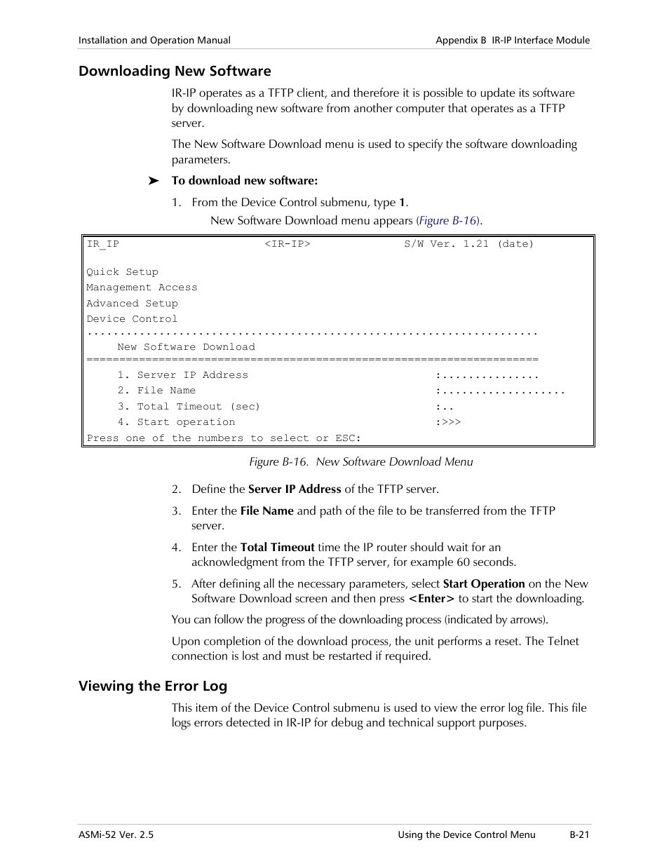 Downloading new software, Viewing the error log | RAD Data comm ASMi-52 User Manual | Page 157 / 186