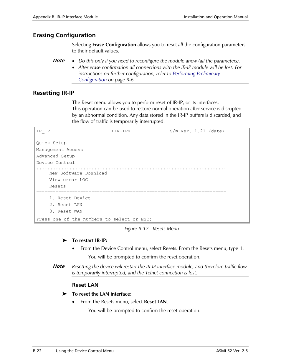 Erasing configuration, Resetting ir-ip, Reset lan | RAD Data comm ASMi-52 User Manual | Page 158 / 186