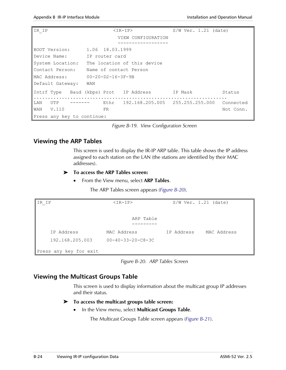 Viewing the arp tables, Viewing the multicast groups table | RAD Data comm ASMi-52 User Manual | Page 160 / 186