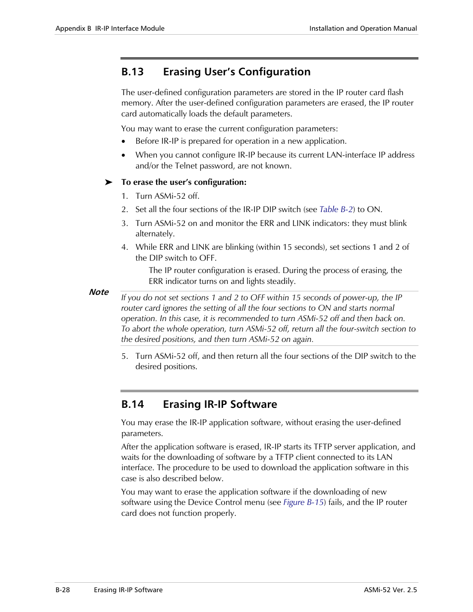 Erasing user’s configuration, Erasing ir-ip software, B.13 erasing user’s configuration | B.14 erasing ir-ip software | RAD Data comm ASMi-52 User Manual | Page 164 / 186
