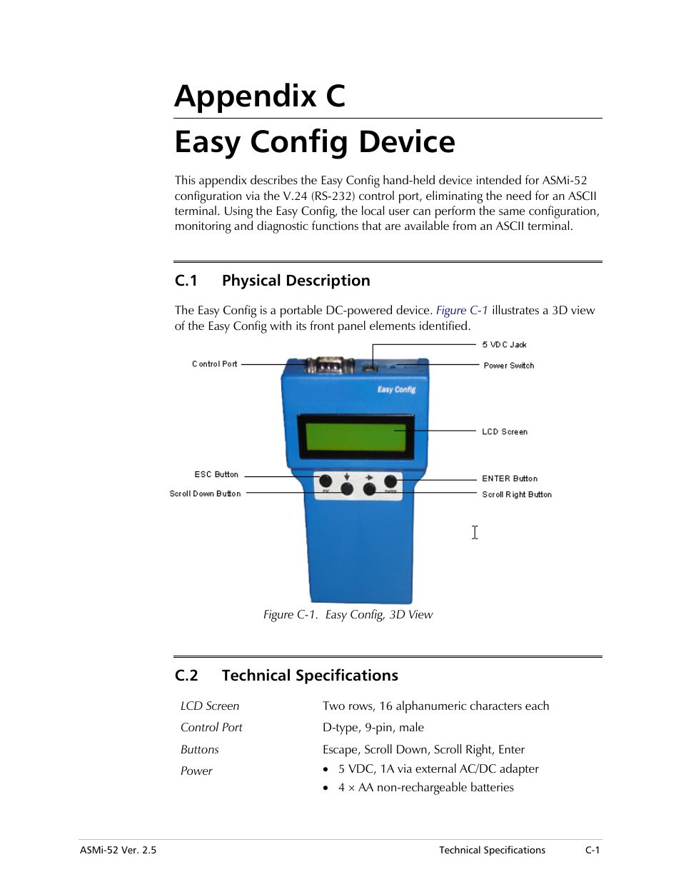 Appendix c easy config device, Physical description, Technical specifications | RAD Data comm ASMi-52 User Manual | Page 167 / 186