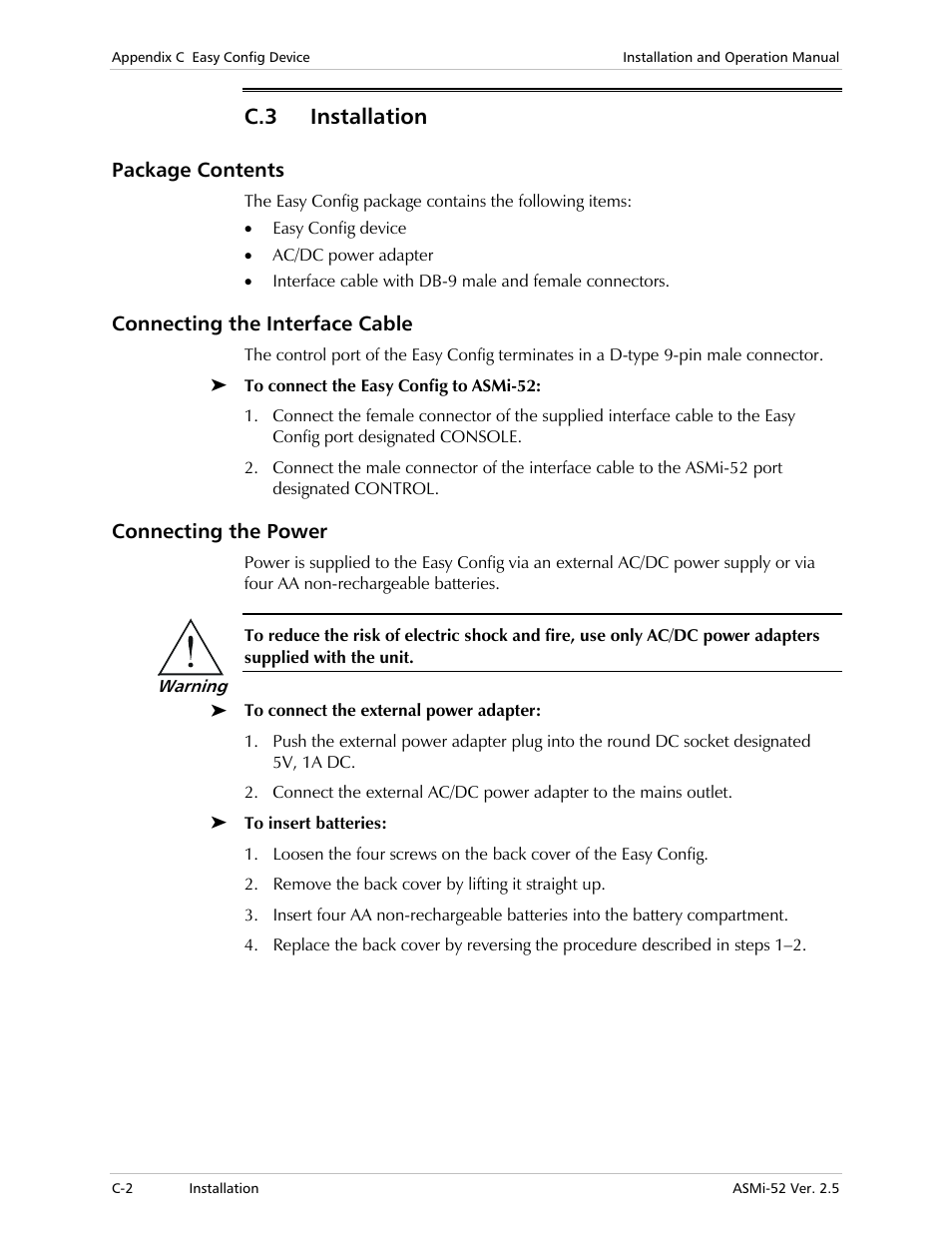 Installation, Package contents, Connecting the interface cable | Connecting the power, C.3 installation | RAD Data comm ASMi-52 User Manual | Page 168 / 186