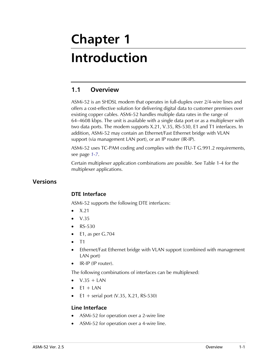 Chapter 1 introduction, Overview, Versions | Dte interface, Line interface | RAD Data comm ASMi-52 User Manual | Page 17 / 186