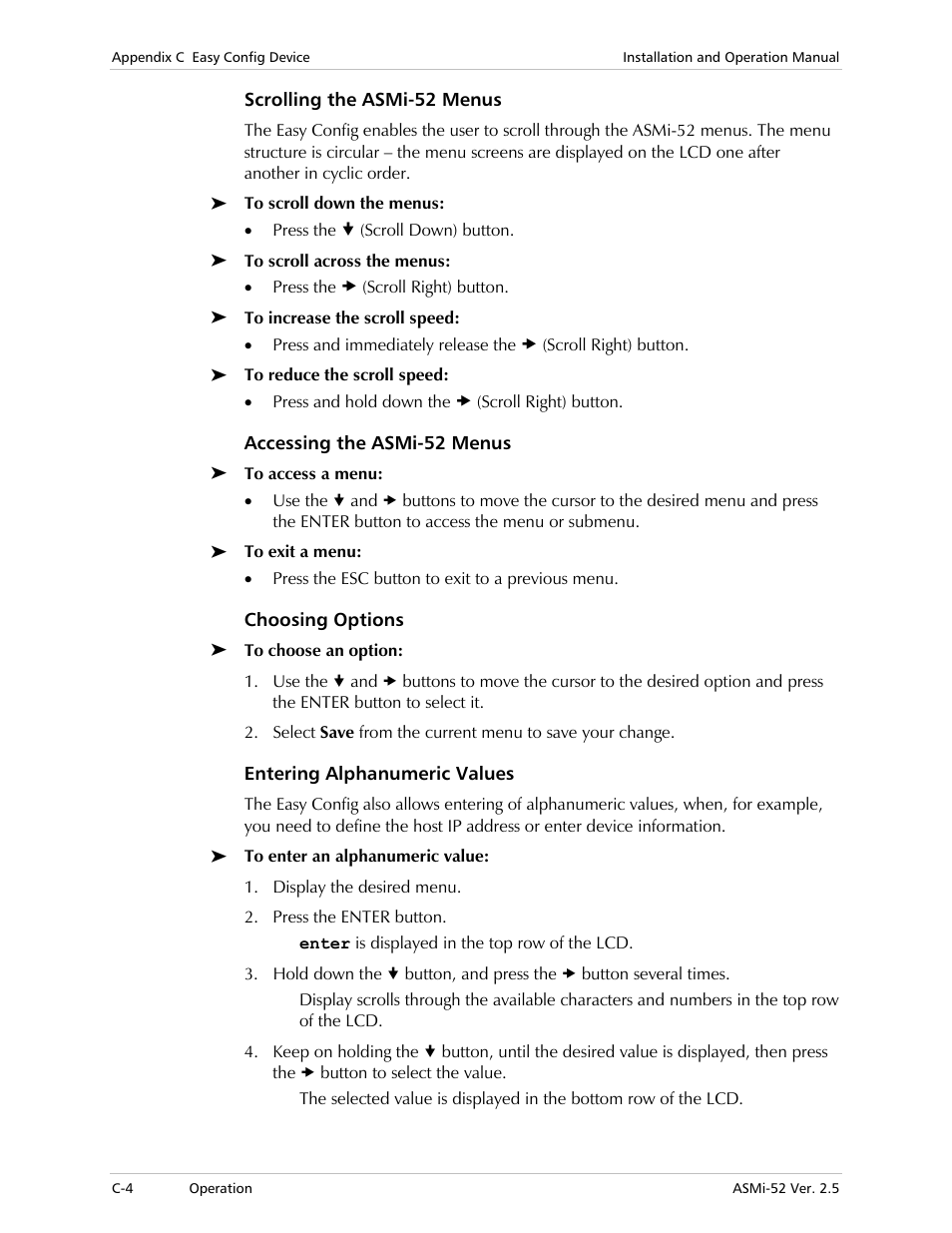Scrolling the asmi-52 menus, Accessing the asmi-52 menus, Choosing options | Entering alphanumeric values | RAD Data comm ASMi-52 User Manual | Page 170 / 186
