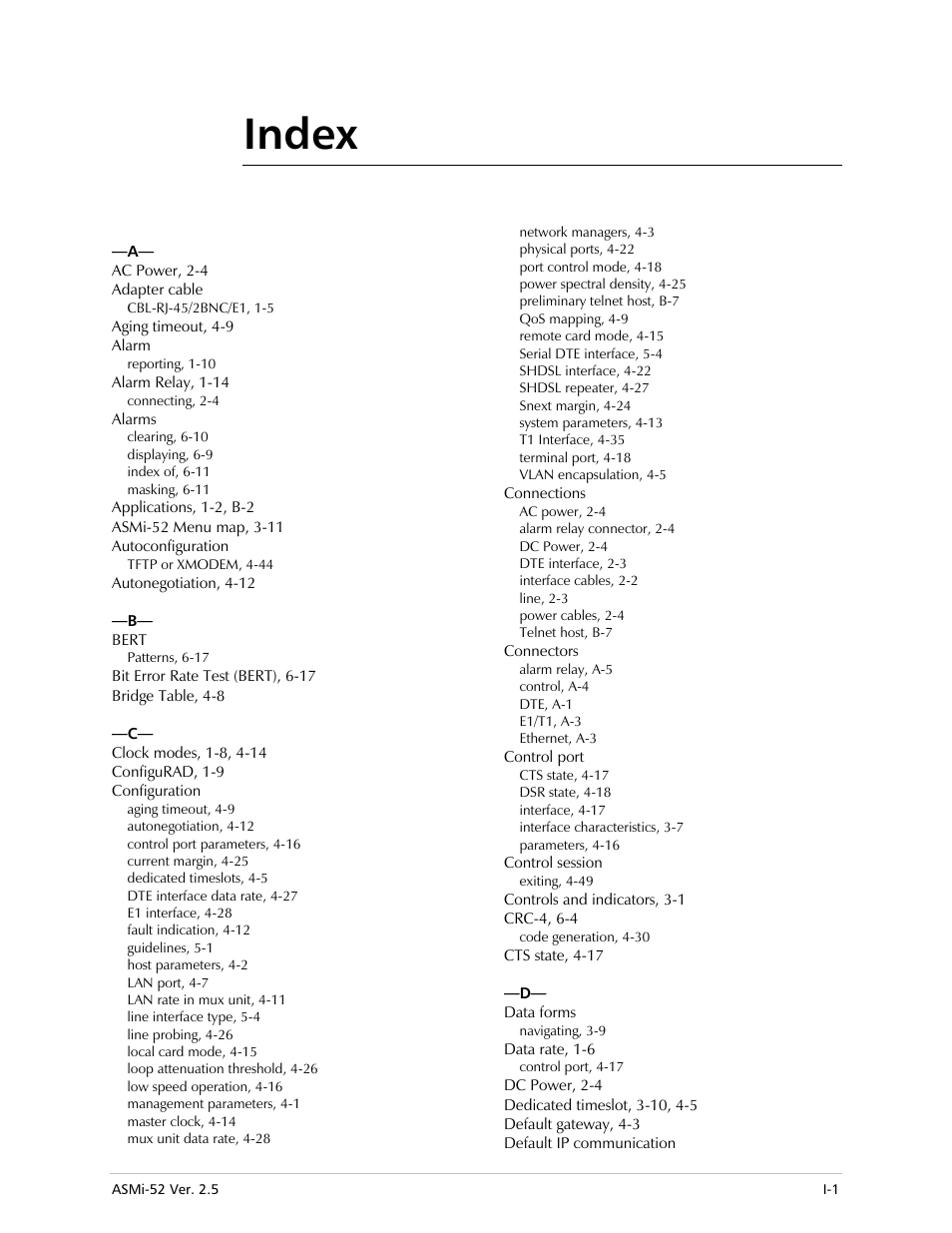 Index | RAD Data comm ASMi-52 User Manual | Page 173 / 186