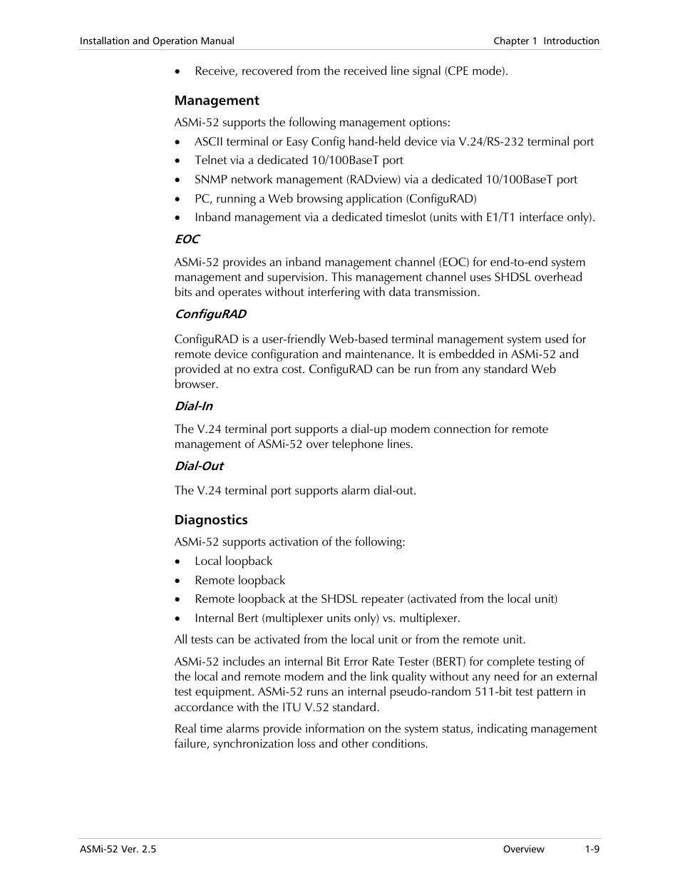 Management, Diagnostics | RAD Data comm ASMi-52 User Manual | Page 25 / 186