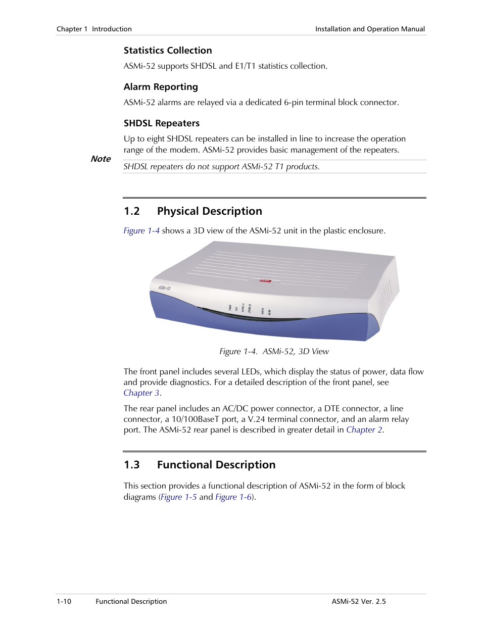 Statistics collection, Alarm reporting, Shdsl repeaters | Physical description, Functional description, 2 physical description, 3 functional description | RAD Data comm ASMi-52 User Manual | Page 26 / 186