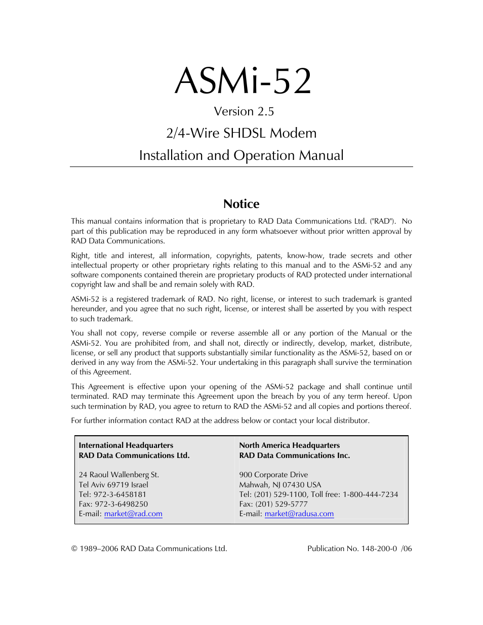Front matter, Asmi-52, Version 2.5 | Notice | RAD Data comm ASMi-52 User Manual | Page 3 / 186