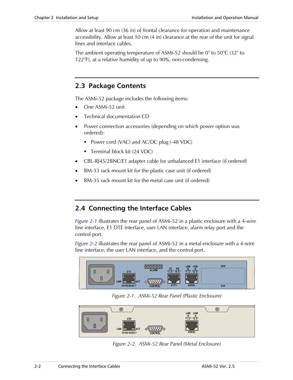 Package contents, Connecting the interface cables, 3 package contents | 4 connecting the interface cables, Figure 2-1. asmi-52 rear panel (plastic enclosure), Figure 2-2. asmi-52 rear panel (metal enclosure) | RAD Data comm ASMi-52 User Manual | Page 34 / 186
