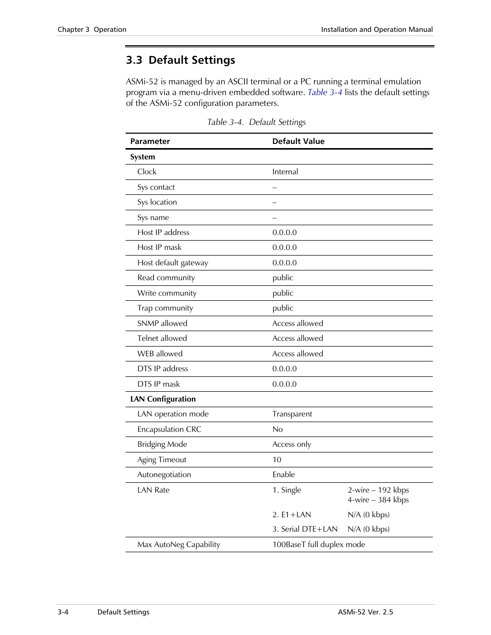 Default settings, 3 default settings | RAD Data comm ASMi-52 User Manual | Page 40 / 186