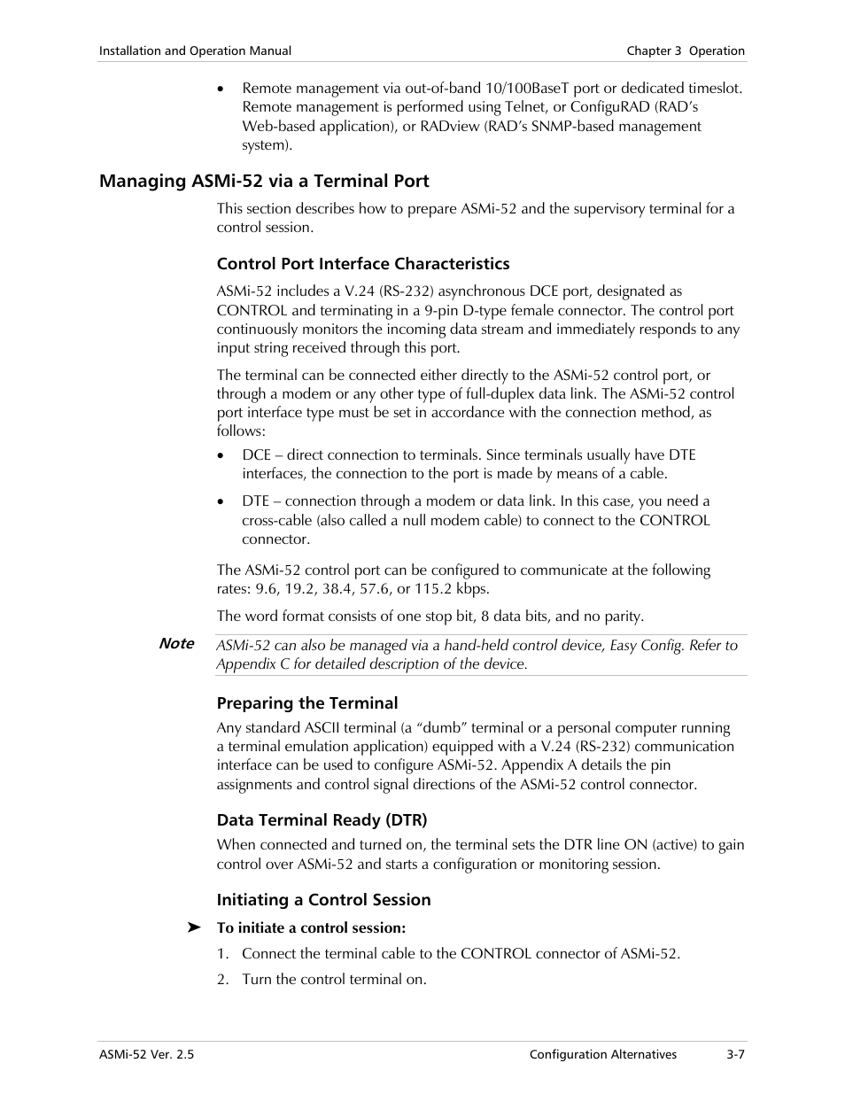 Managing asmi-52 via a terminal port, Control port interface characteristics, Preparing the terminal | Data terminal ready (dtr), Initiating a control session, Al port | RAD Data comm ASMi-52 User Manual | Page 43 / 186