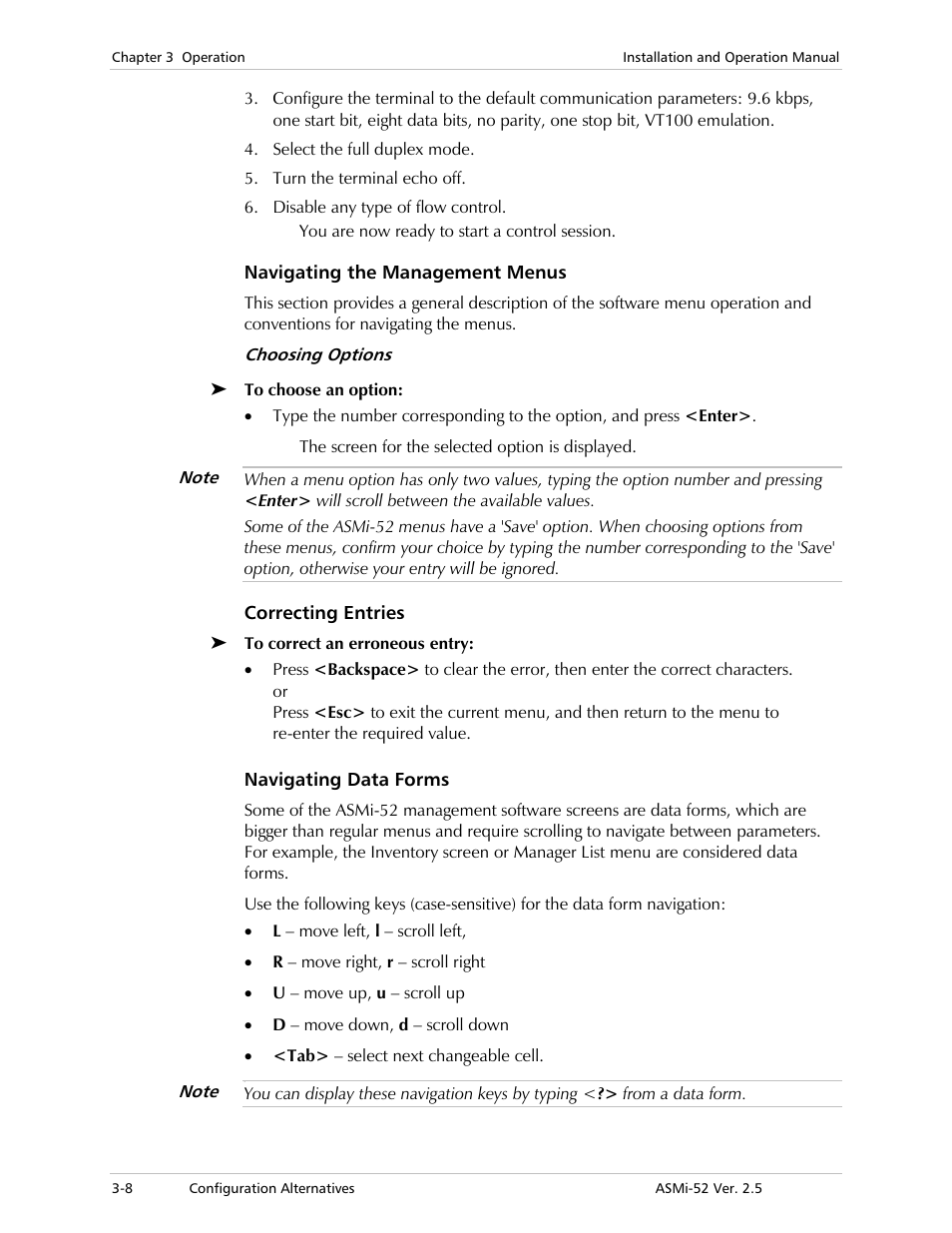 Navigating the management menus, Correcting entries, Navigating data forms | RAD Data comm ASMi-52 User Manual | Page 44 / 186
