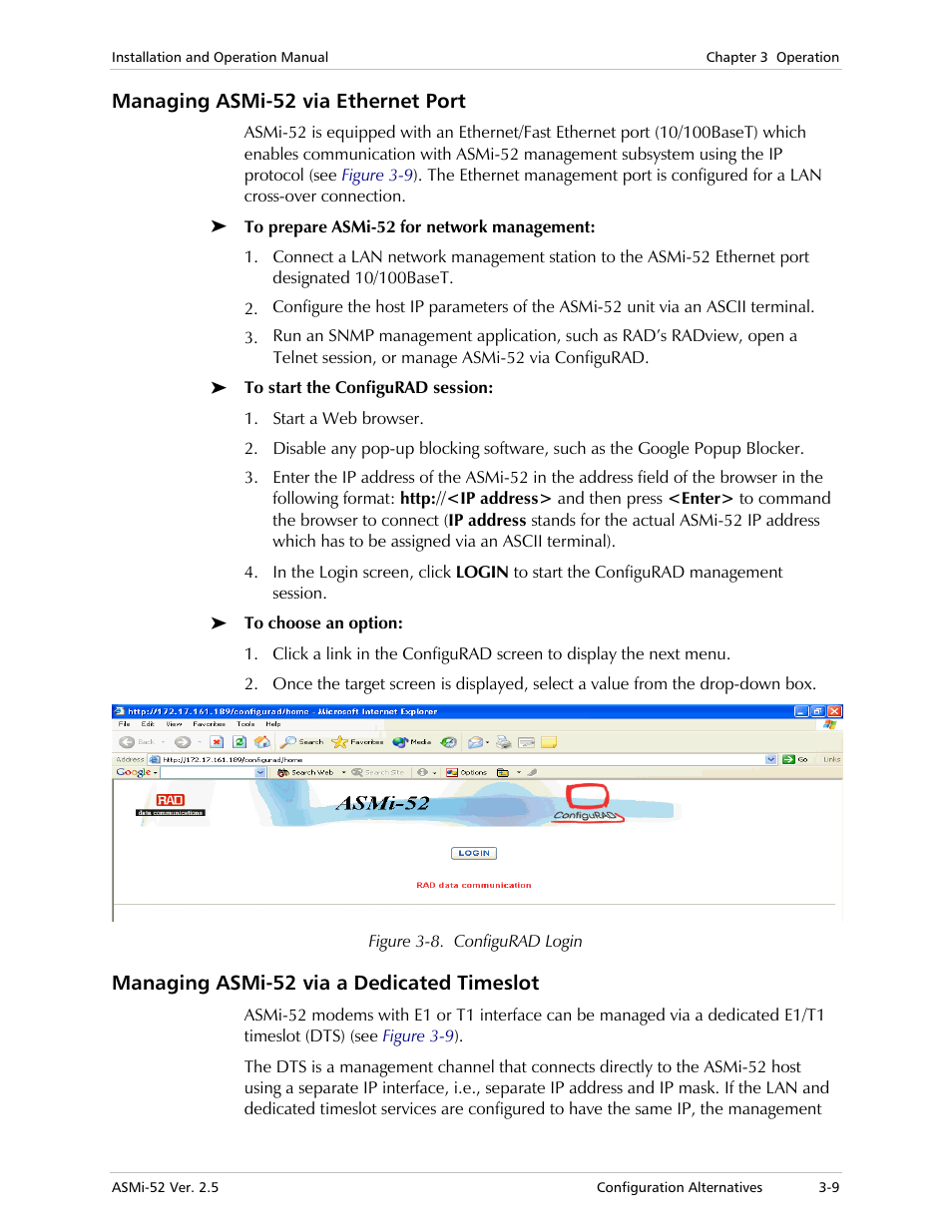 Managing asmi-52 via ethernet port, Managing asmi-52 via a dedicated timeslot | RAD Data comm ASMi-52 User Manual | Page 45 / 186