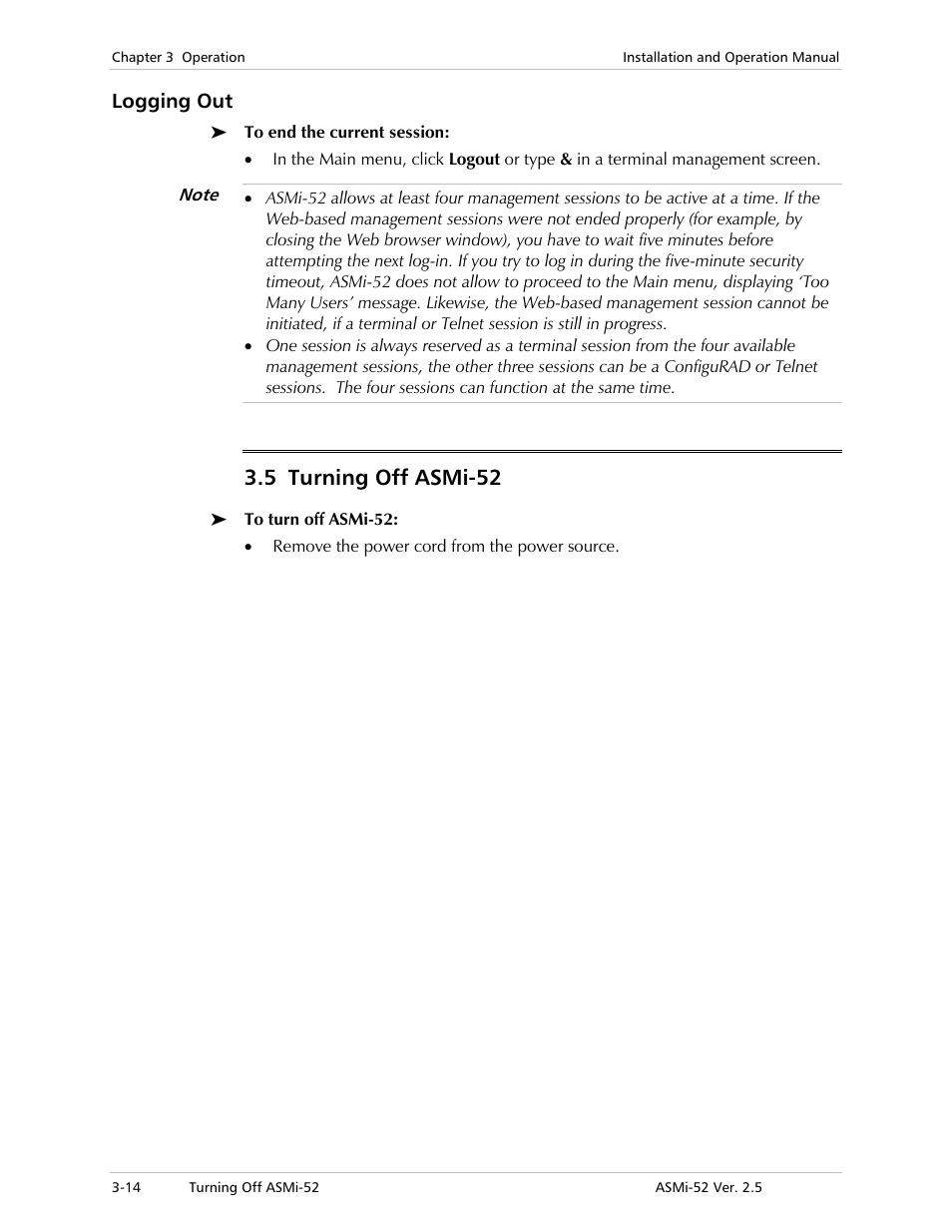 Logging out, Turning off asmi-52, 5 turning off asmi-52 | RAD Data comm ASMi-52 User Manual | Page 50 / 186