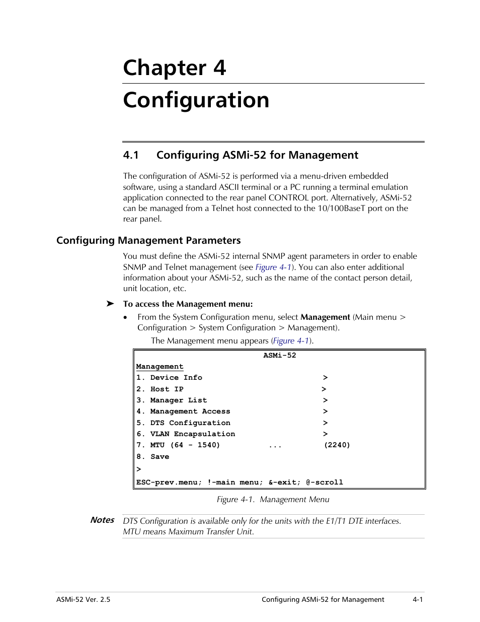 Chapter 4 configuration, Configuring asmi-52 for management, Configuring management parameters | 1 configuring asmi-52 for management | RAD Data comm ASMi-52 User Manual | Page 51 / 186