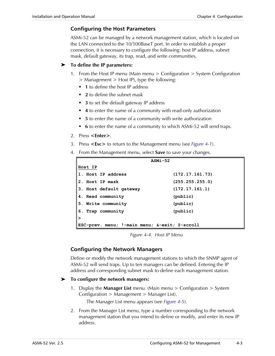 Configuring the host parameters, Configuring the network managers | RAD Data comm ASMi-52 User Manual | Page 53 / 186