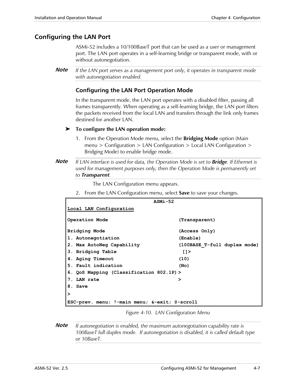 Configuring the lan port, Configuring the lan port operation mode | RAD Data comm ASMi-52 User Manual | Page 57 / 186