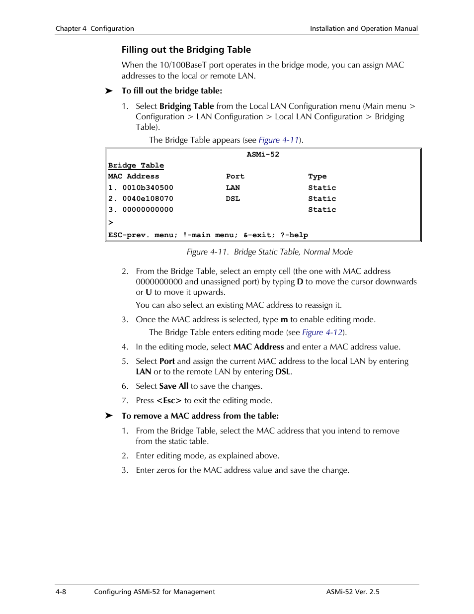 Filling out the bridging table | RAD Data comm ASMi-52 User Manual | Page 58 / 186