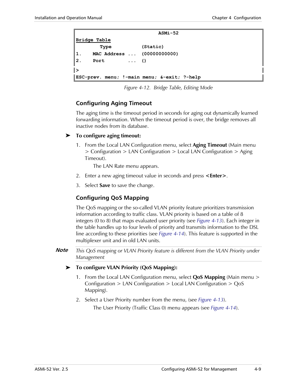 Configuring aging timeout, Configuring qos mapping | RAD Data comm ASMi-52 User Manual | Page 59 / 186