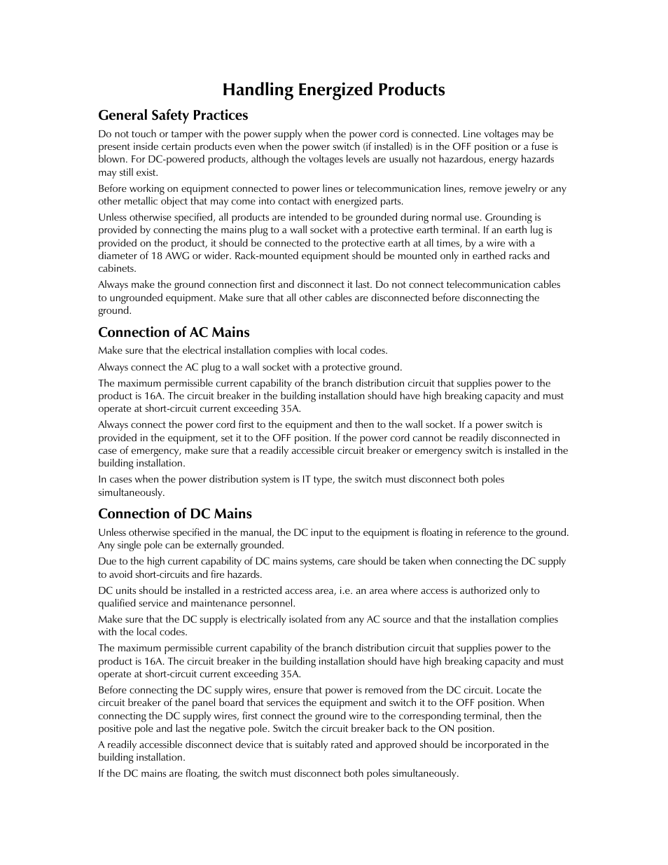 General safety practices, Connection of ac mains, Connection of dc mains | Handling energized products | RAD Data comm ASMi-52 User Manual | Page 6 / 186