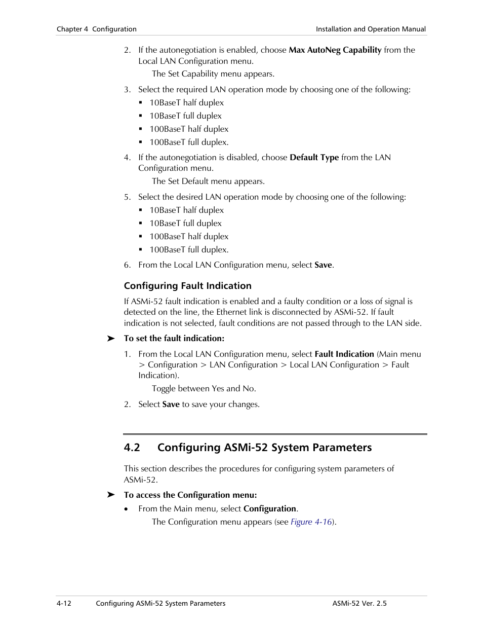 Configuring fault indication, Configuring asmi-52 system parameters, 2 configuring asmi-52 system parameters | RAD Data comm ASMi-52 User Manual | Page 62 / 186