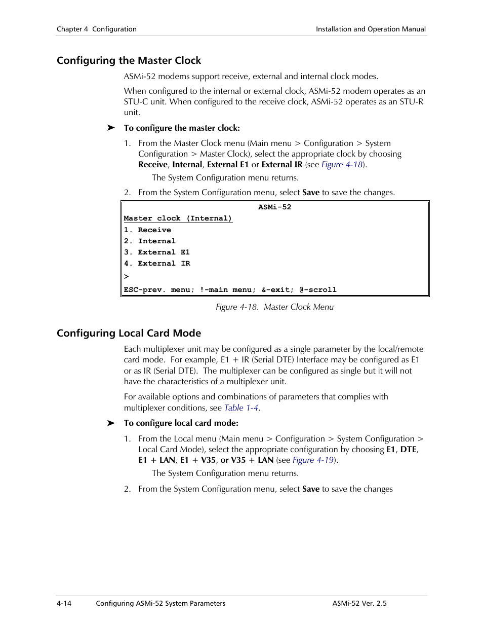 Configuring the master clock, Configuring local card mode | RAD Data comm ASMi-52 User Manual | Page 64 / 186