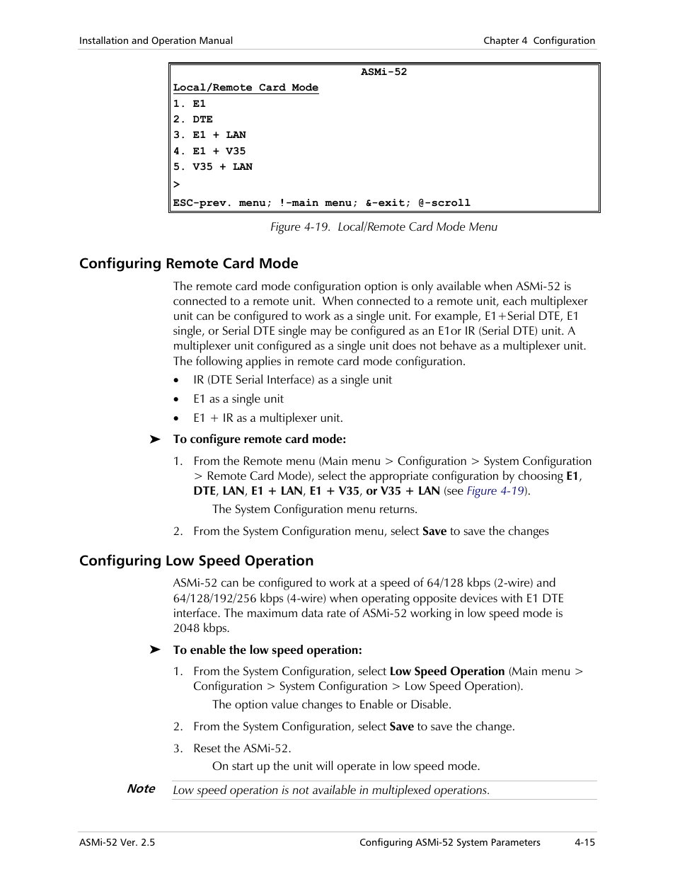 Configuring remote card mode, Configuring low speed operation, Te card mode | RAD Data comm ASMi-52 User Manual | Page 65 / 186