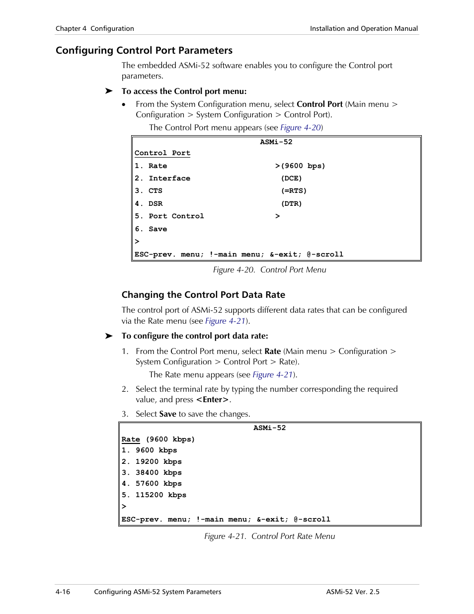 Configuring control port parameters, Changing the control port data rate | RAD Data comm ASMi-52 User Manual | Page 66 / 186
