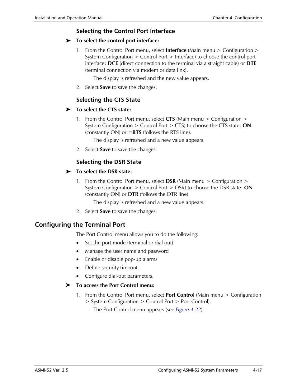 Selecting the control port interface, Selecting the cts state, Selecting the dsr state | Configuring the terminal port | RAD Data comm ASMi-52 User Manual | Page 67 / 186