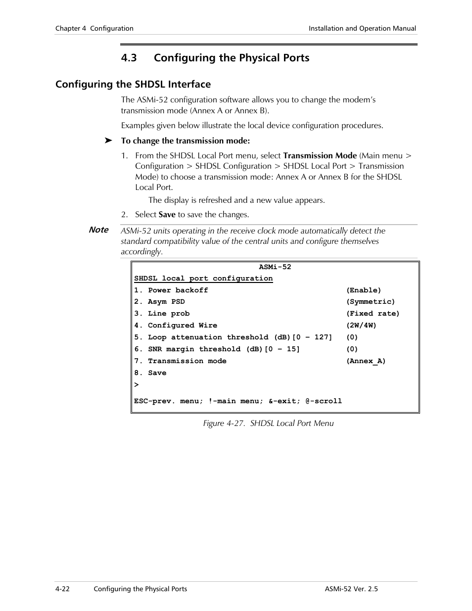 Configuring the physical ports, Configuring the shdsl interface, 3 configuring the physical ports | RAD Data comm ASMi-52 User Manual | Page 72 / 186
