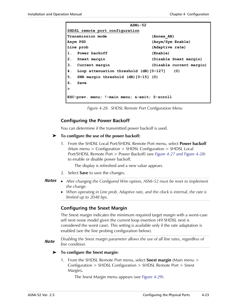 Configuring the power backoff, Configuring the snext margin | RAD Data comm ASMi-52 User Manual | Page 73 / 186