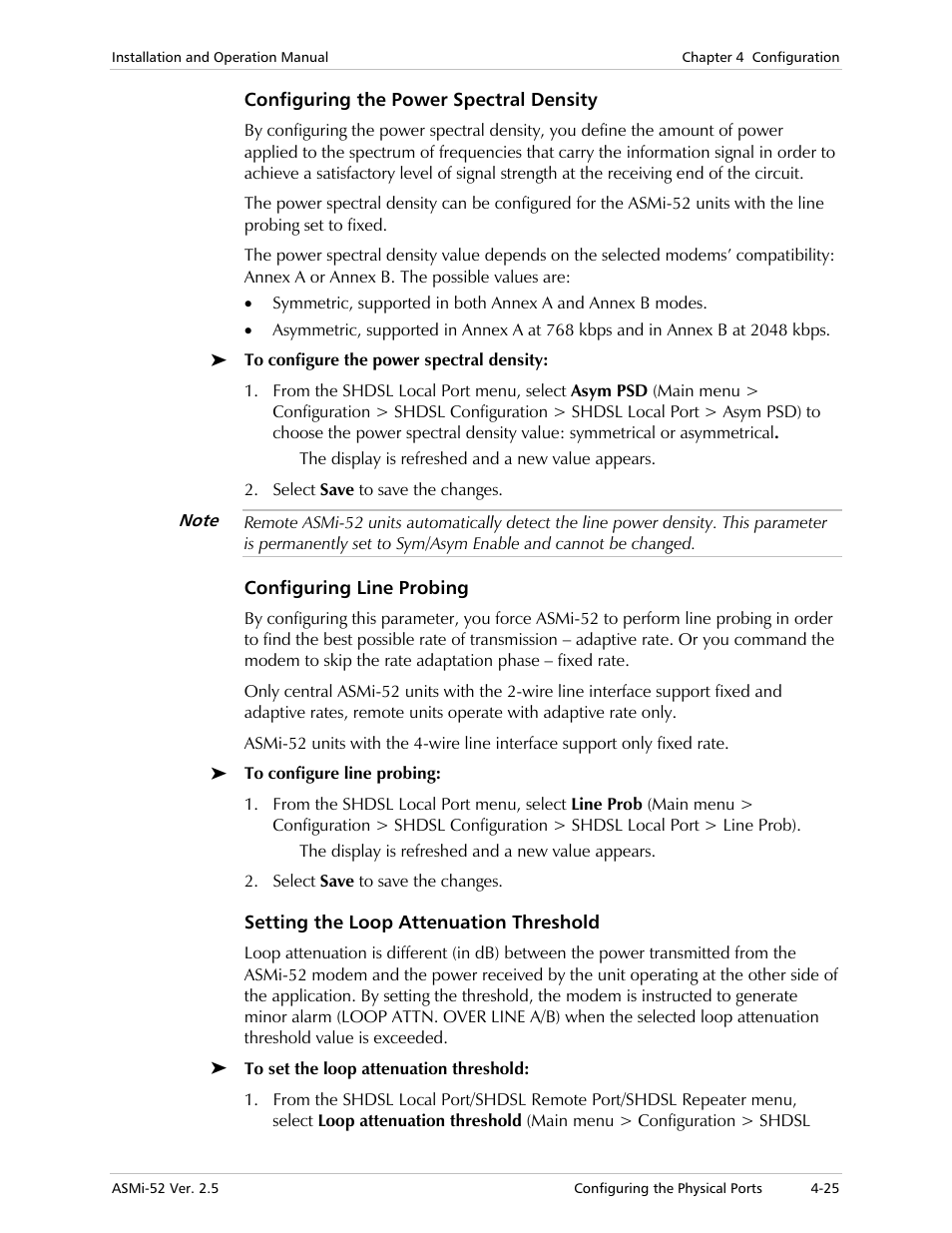Configuring the power spectral density, Configuring line probing, Setting the loop attenuation threshold | RAD Data comm ASMi-52 User Manual | Page 75 / 186