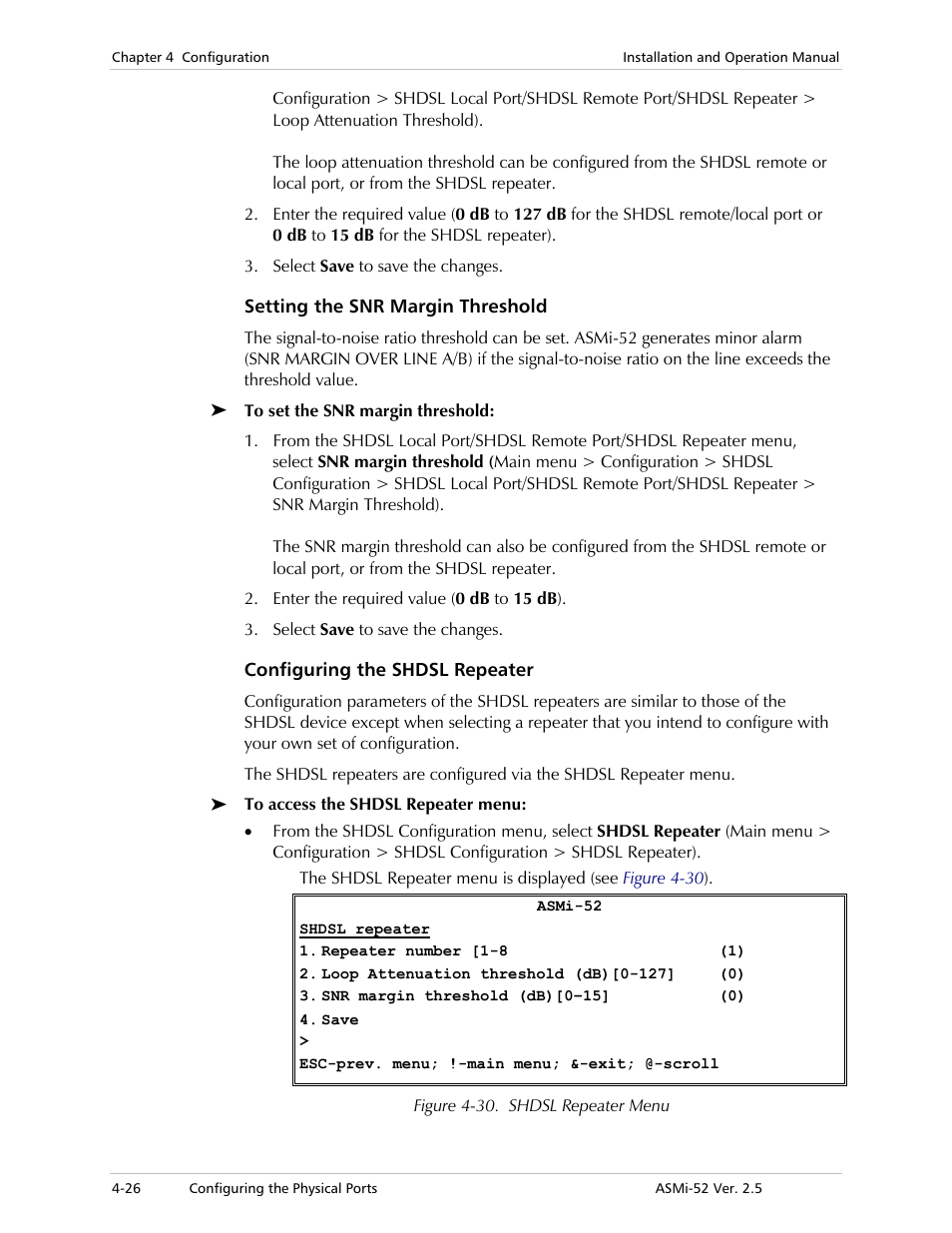 Setting the snr margin threshold, Configuring the shdsl repeater | RAD Data comm ASMi-52 User Manual | Page 76 / 186