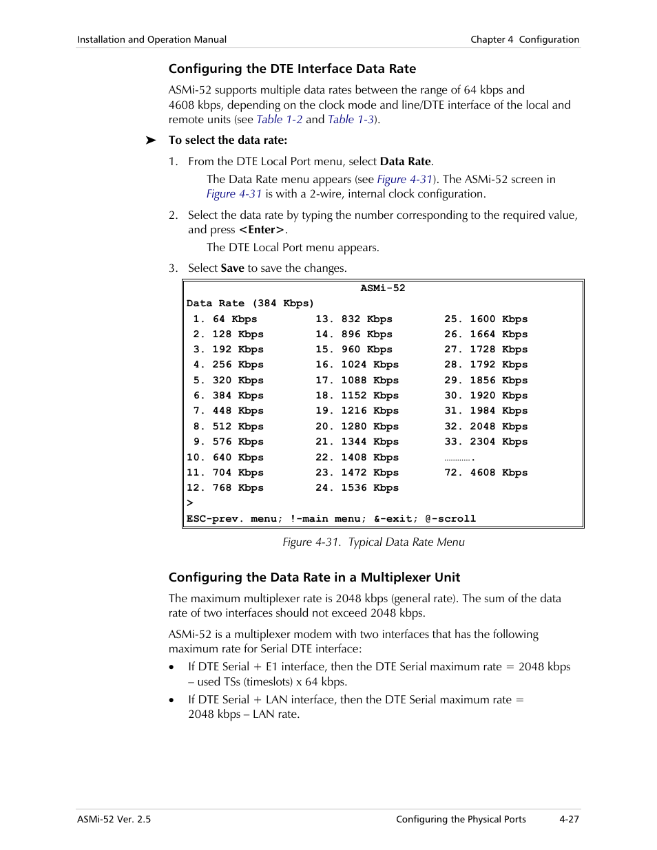 Configuring the dte interface data rate, Configuring the data rate in a multiplexer unit | RAD Data comm ASMi-52 User Manual | Page 77 / 186