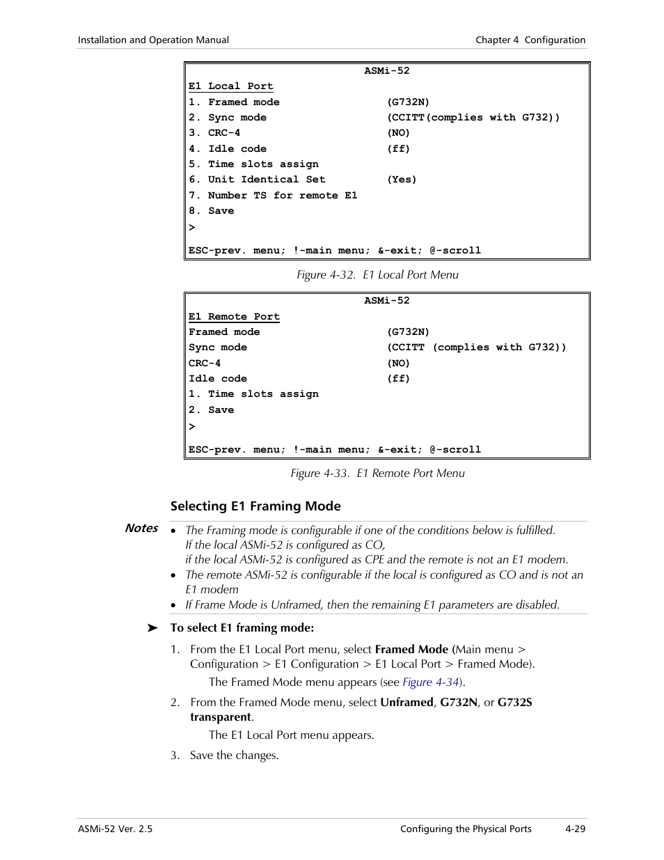 Selecting e1 framing mode | RAD Data comm ASMi-52 User Manual | Page 79 / 186